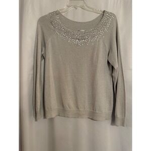 Chico's  Sequin Collared Shiny Sweater, Silver, Size 2 (US 12)
